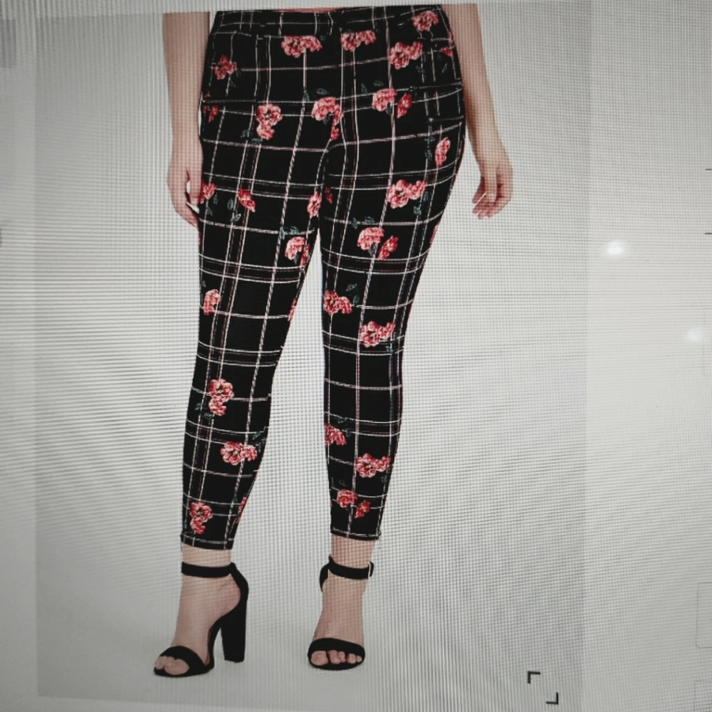 torrid Black Windowpane Plaid Ankle Pants with Red Floral Print
